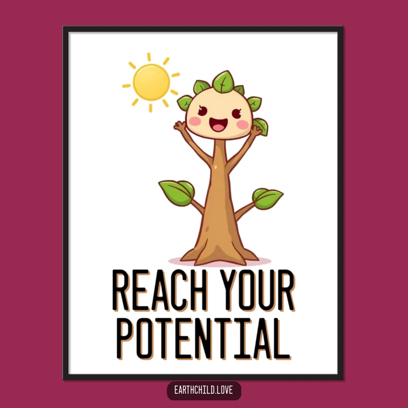 Funny Tree Sprout Digital Art: Kawaii Sprout Reaching Sun, Instant Inspiration Funny Gift