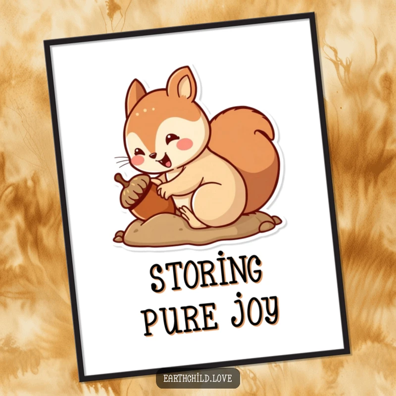 Funny kawaii squirrel digital art print, a cute squirrel burying an acorn with an excited wiggle.