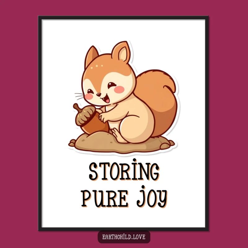 Funny Kawaii Squirrel Burying Acorn Digital Art - Adorable Autumn Print