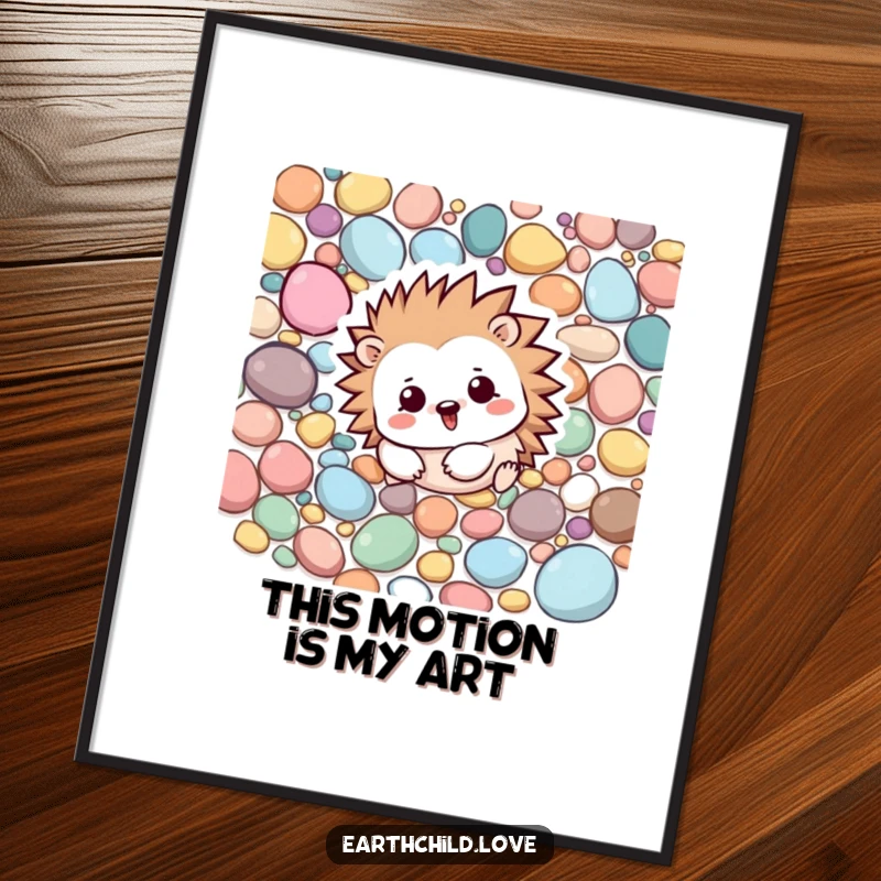 Funny Kawaii hedgehog character rolling playfully among colorful pebbles, a digital art print for instant charm.
