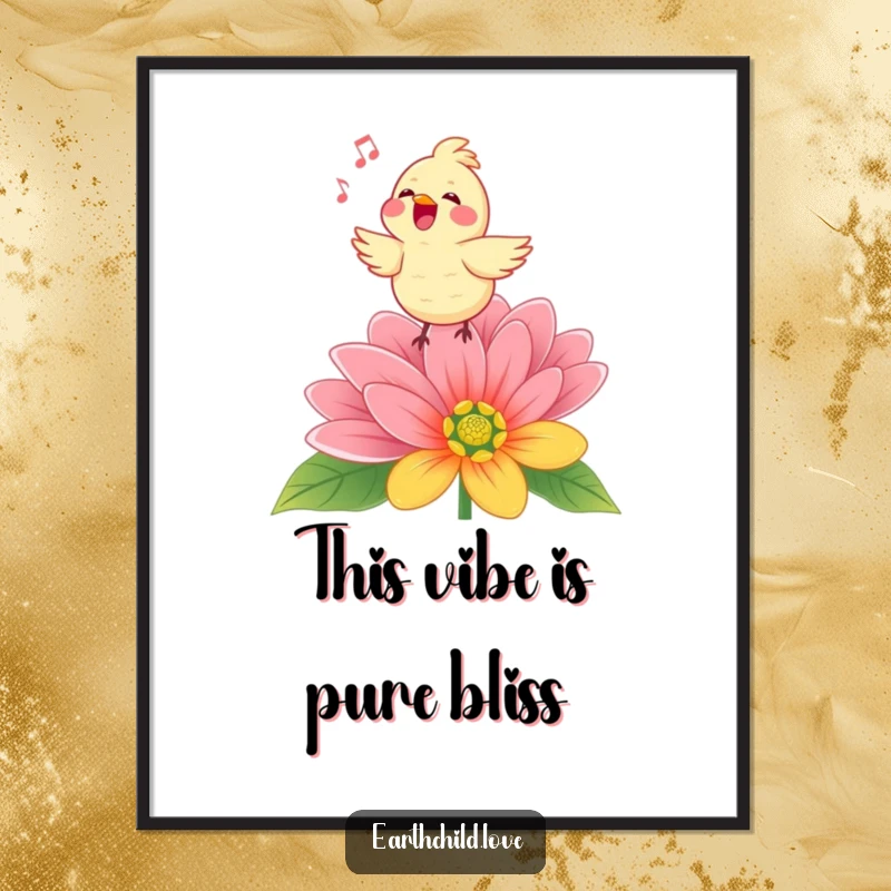 Funny Kawaii bird character singing joyfully on a stylized flower, a vibrant digital art print for instant cheerful decor.