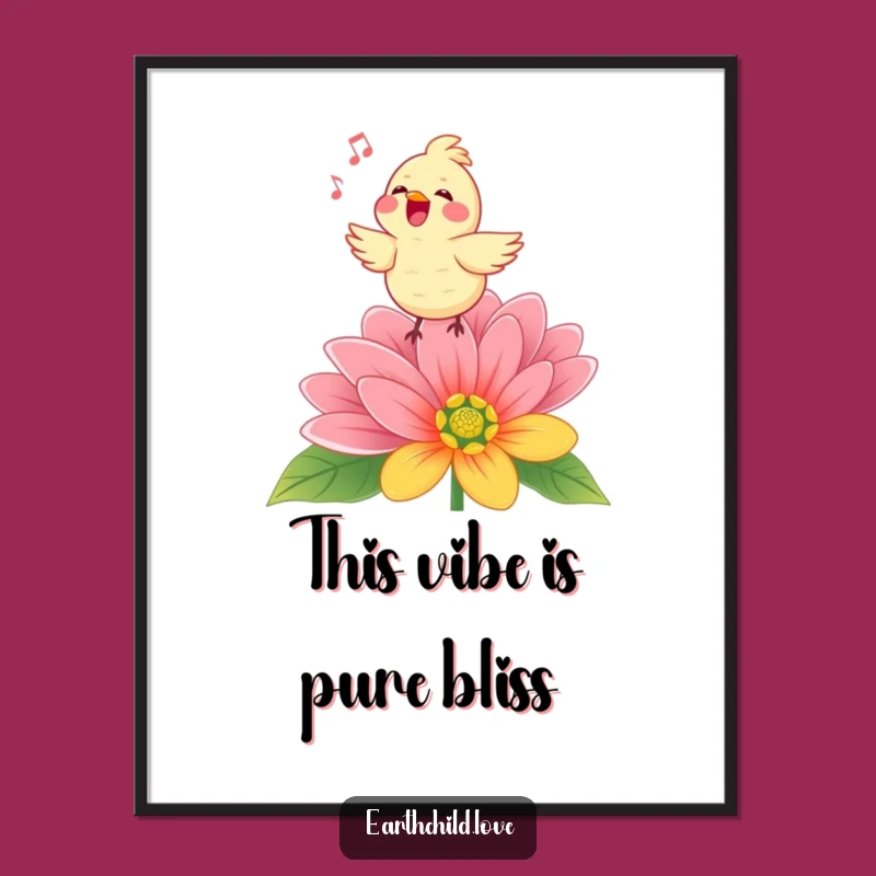 Funny Kawaii Singing Bird Digital Art - Instant Flower Melody Download for Decor