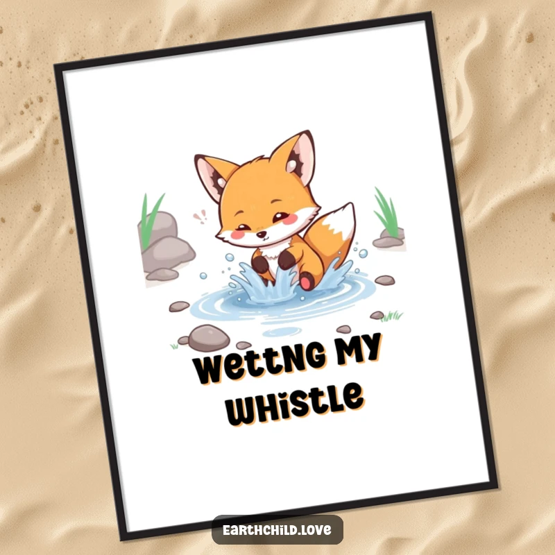 Funny kawaii fox digital art print, a cute fox playfully splashing water in a stream.