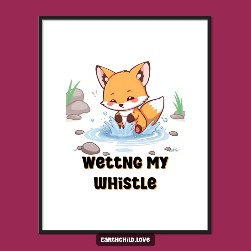 Funny Kawaii Fox Splashing Stream Digital Art - Adorable Playful Print