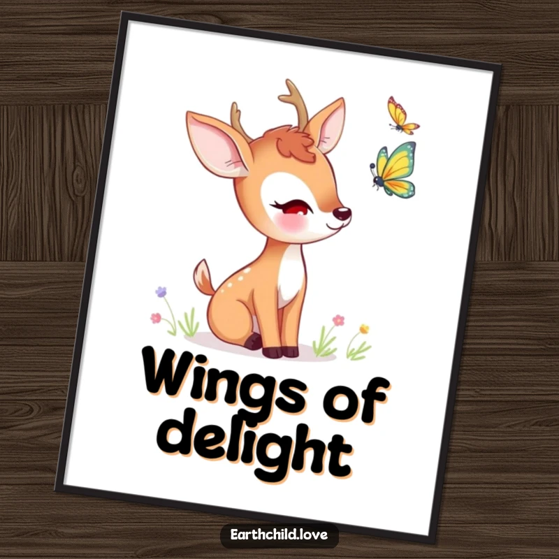 Funny kawaii deer digital art print, a cute deer curiously observing a fluttering butterfly.