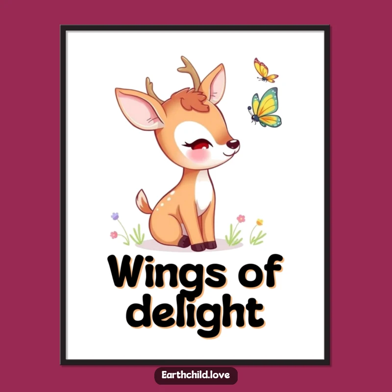 Funny Kawaii Deer Butterfly Digital Art - Adorable Woodland Print