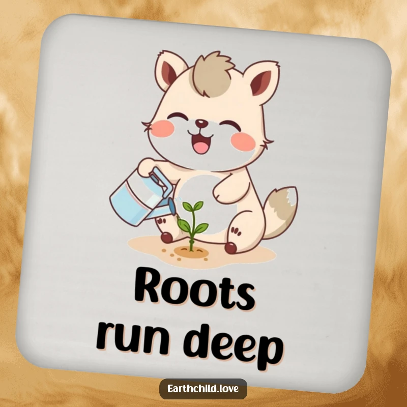 Funny joyful animal character watering a tiny seedling with a smiling sprout, designed as a humorous coaster.