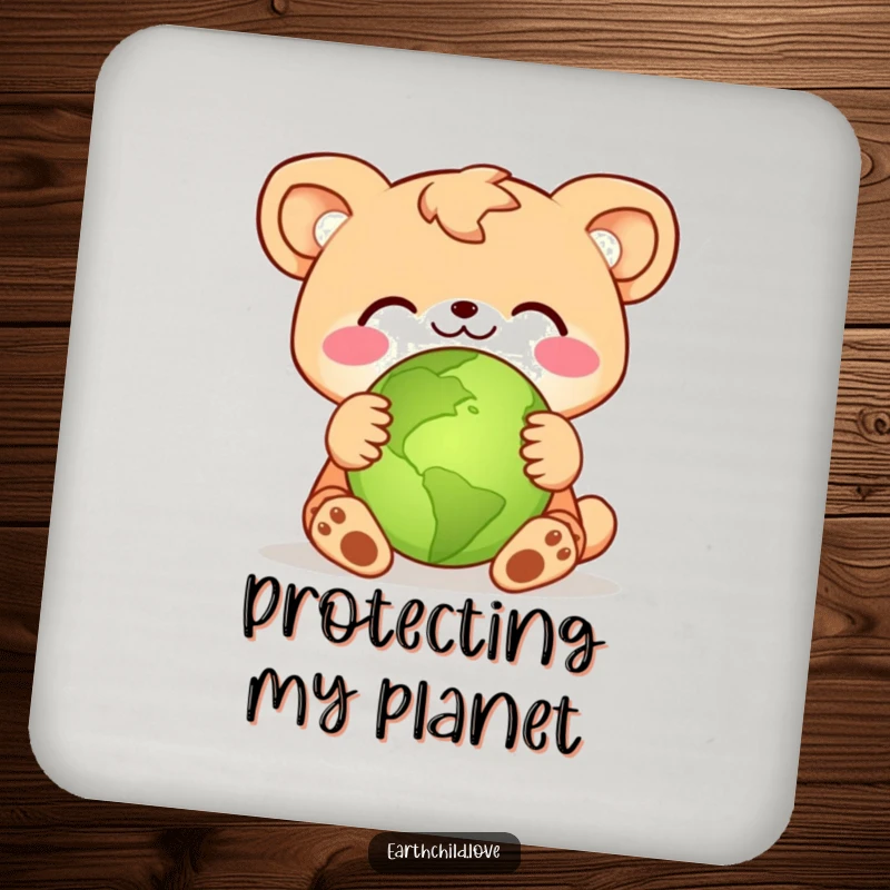 Funny animal character embracing a small green planet, designed as a humorous and protective drink coaster.