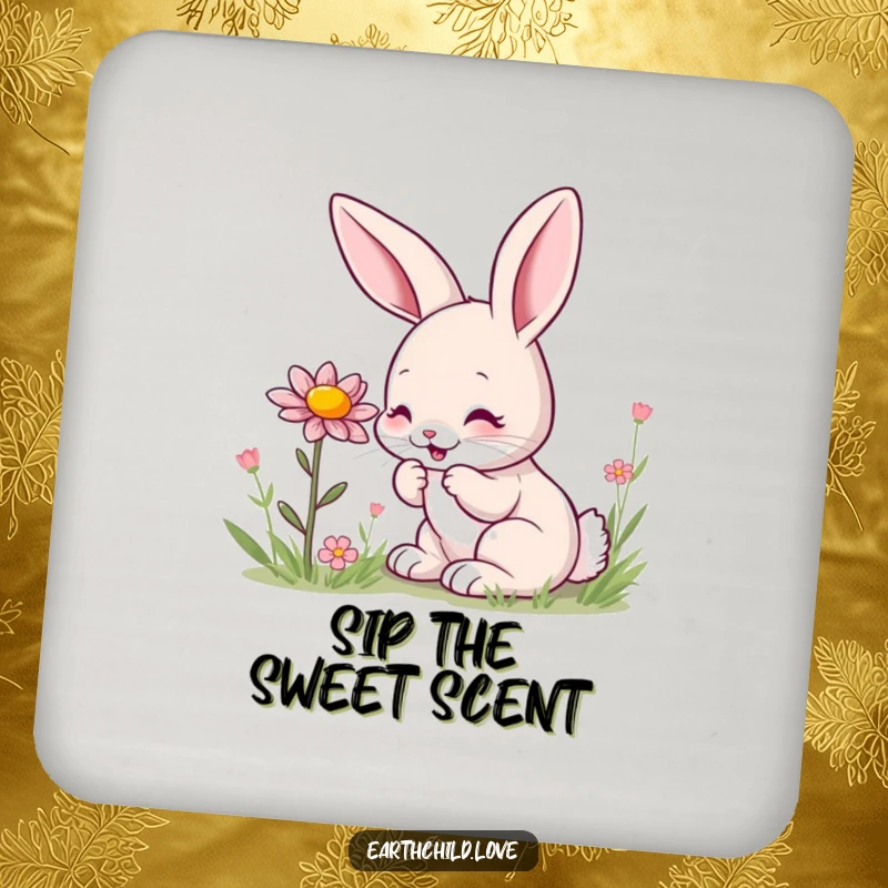 Funny kawaii bunny coaster, a cute bunny eagerly sniffing a wildflower with evident delight.