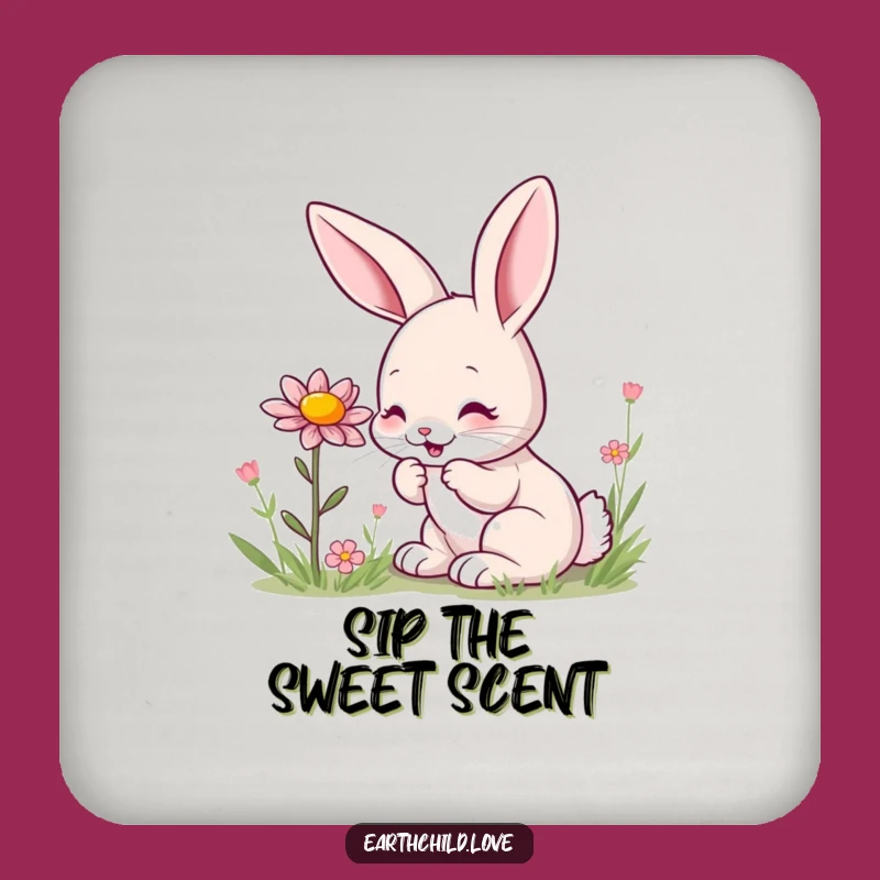 Funny Kawaii Bunny Sniffing Wildflower Coaster - Cute Floral Table Protector
