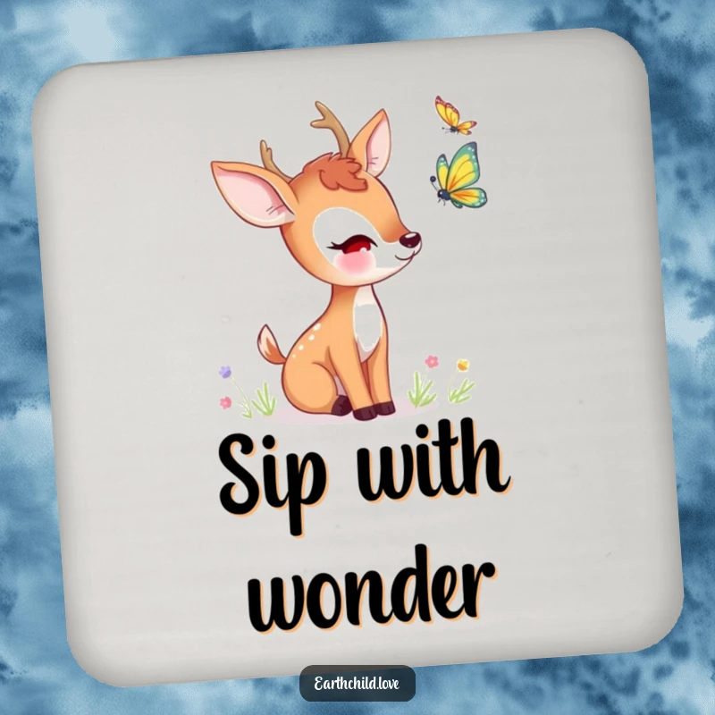 Funny kawaii deer coaster, a cute deer curiously observing a fluttering butterfly.