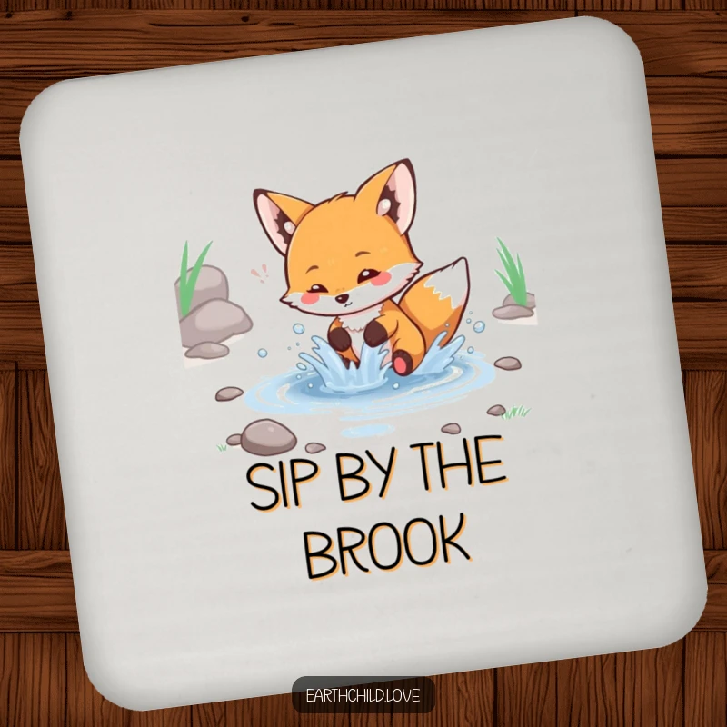 Funny kawaii fox coaster, a cute fox playfully splashing water in a small stream.