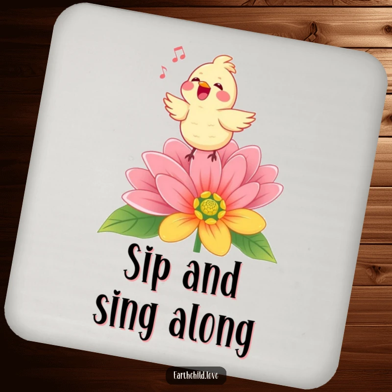 Funny Kawaii bird perched on a flower, a vibrant and protective drink coaster for tables.