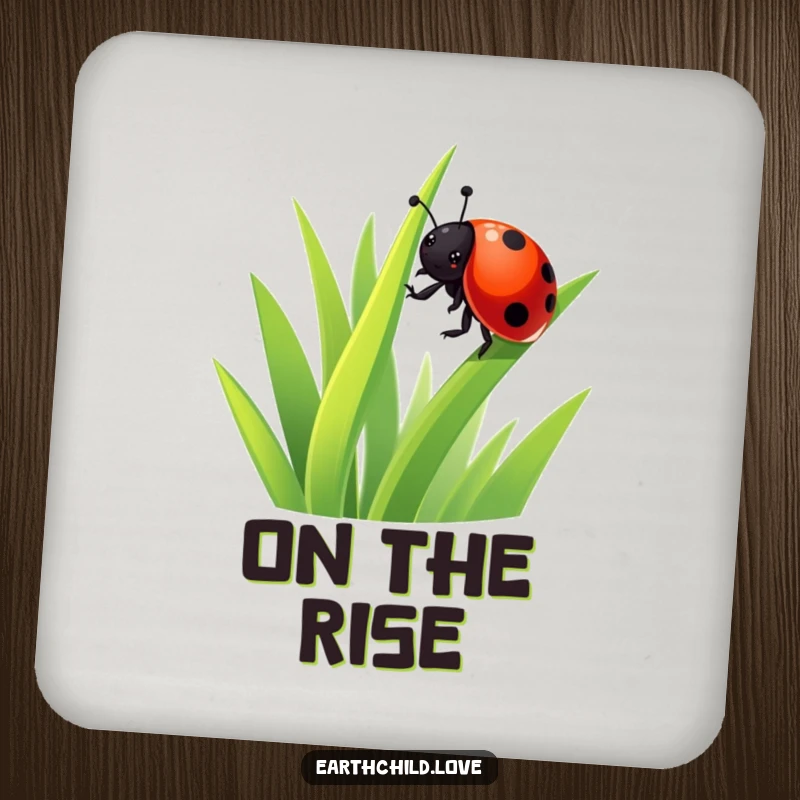 Funny Kawaii Ladybug Drink Coaster showing a cute ladybug on grass, a protective and charming funny accessory for any table.