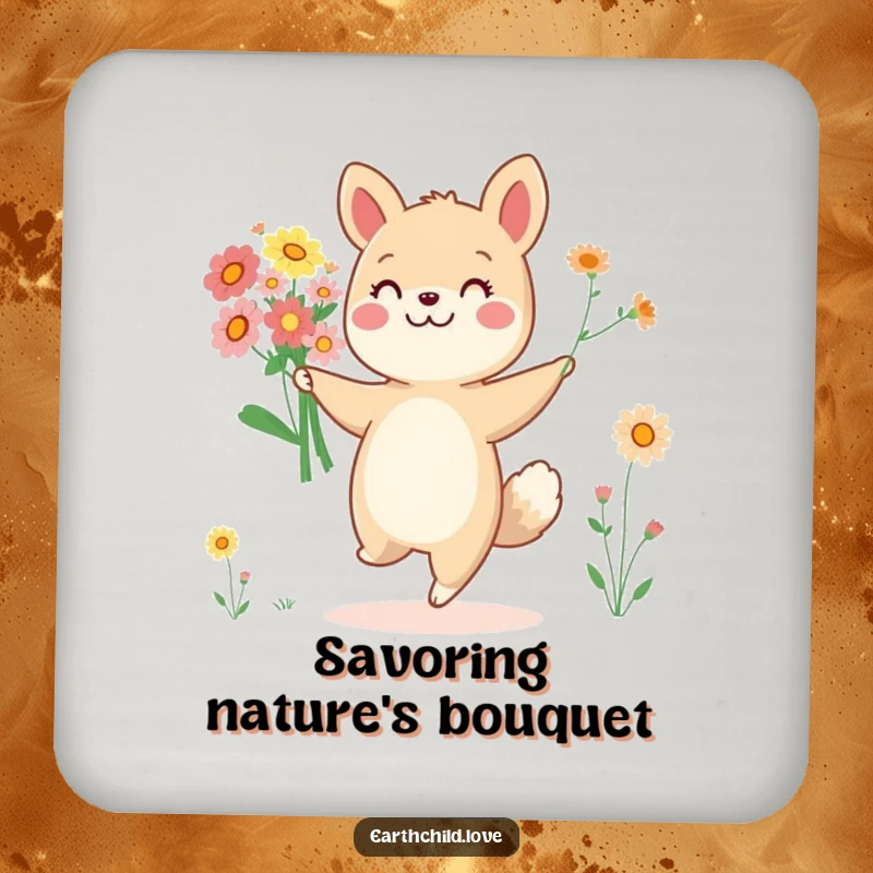 Funny cheerful animal character dancing with a bouquet of wildflowers, designed as a humorous coaster.