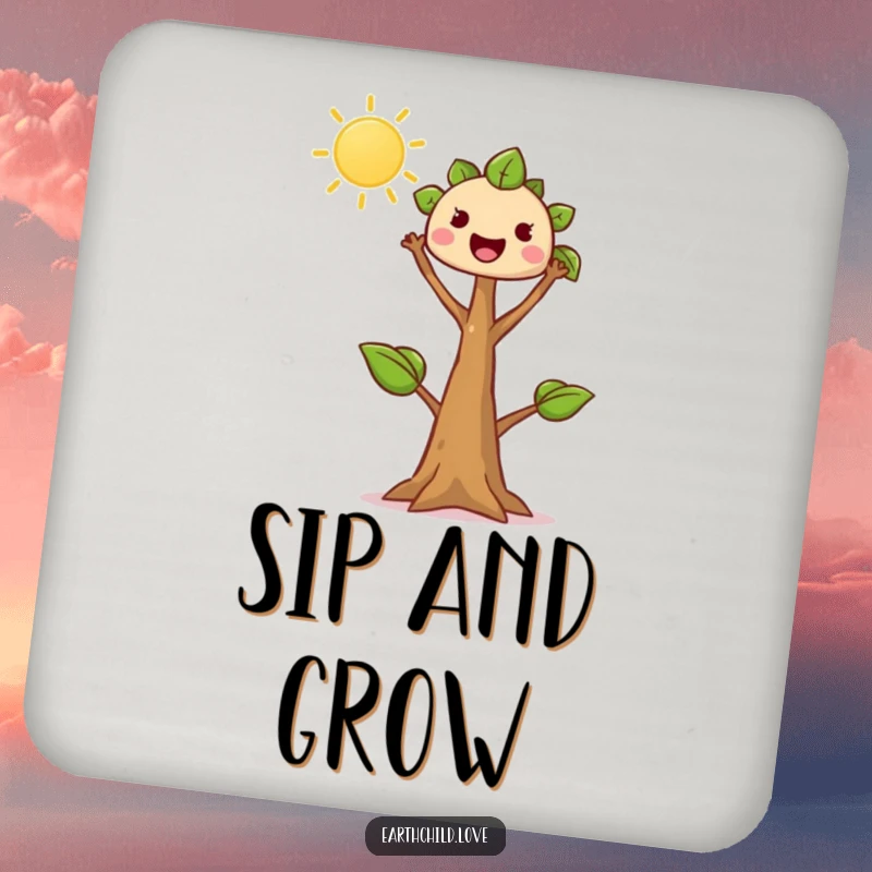 Funny tree sprout coaster, kawaii character reaching enthusiastically towards the sun, protecting surfaces with natural and humorous design.