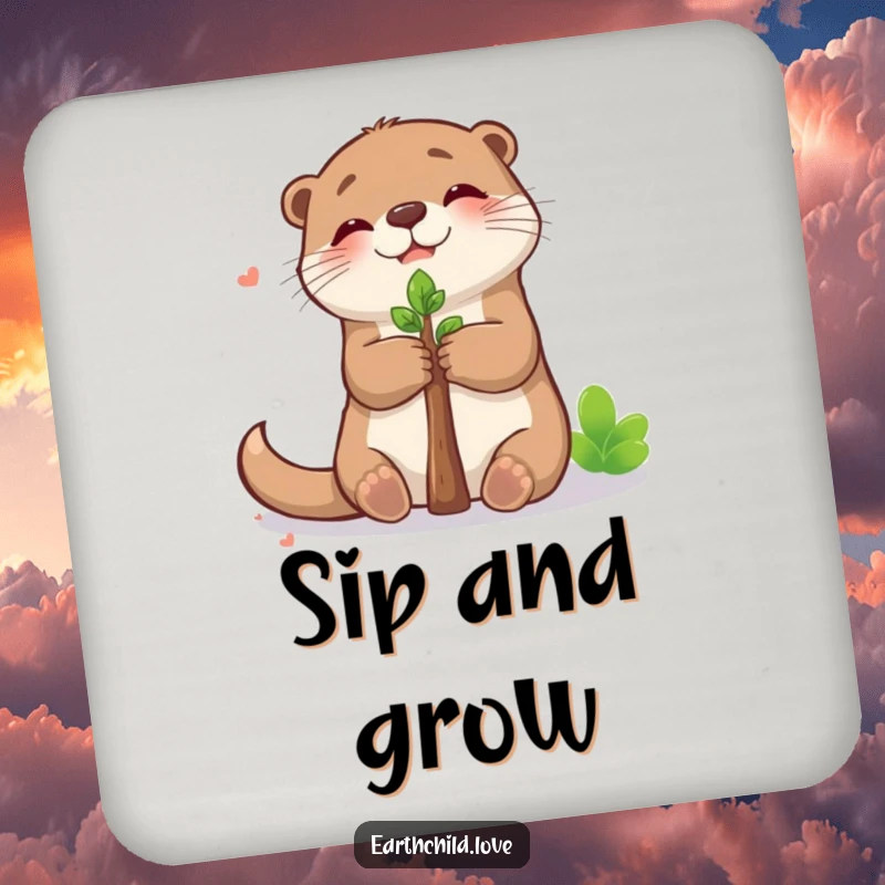 Funny kawaii otter coaster, a cute otter joyfully hugging a sapling, adding charm to any table.