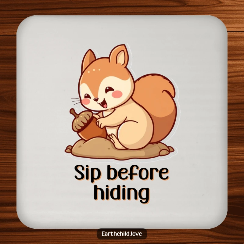 Funny kawaii squirrel coaster, a cute squirrel burying an acorn with an excited wiggle.