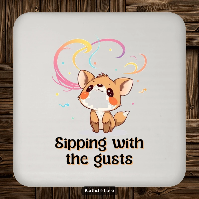 Funny curious animal character looking up at colorful, swirling winds, designed as a humorous coaster.