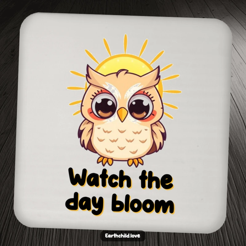 Funny Kawaii owl with curious eyes observing a radiant sun, a protective drink coaster.