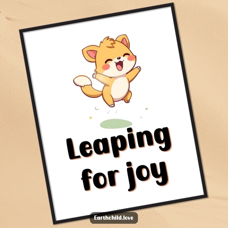 Funny energetic animal character playfully leaping through bright sunbeams, presented as vibrant wall art.