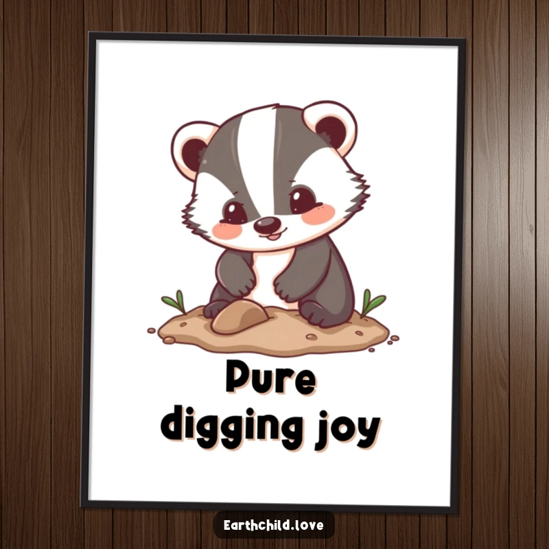 Funny Kawaii Art Poster showing an enthusiastic badger character digging in soft soil, bringing a cheerful and funny atmosphere.