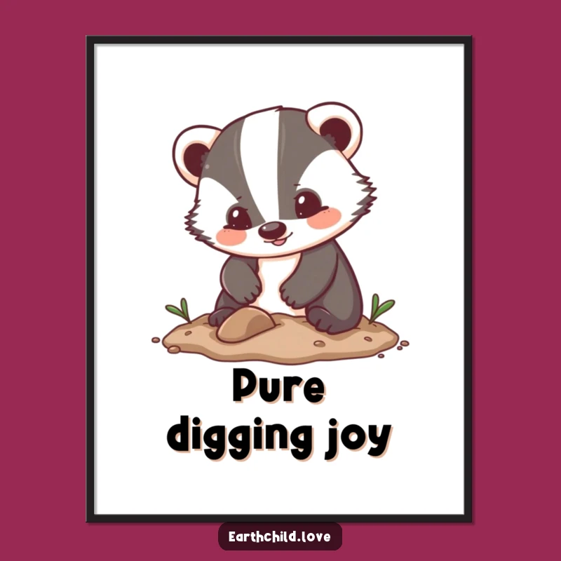 Funny Kawaii Art Poster: Enthusiastic Badger Digging for Cute, Funny Decor