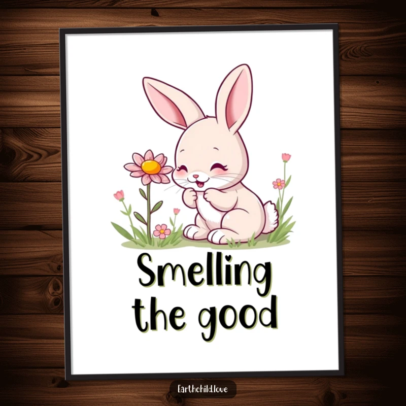 Funny kawaii bunny poster, a delightful scene of a cute bunny sniffing a wildflower with pure joy.