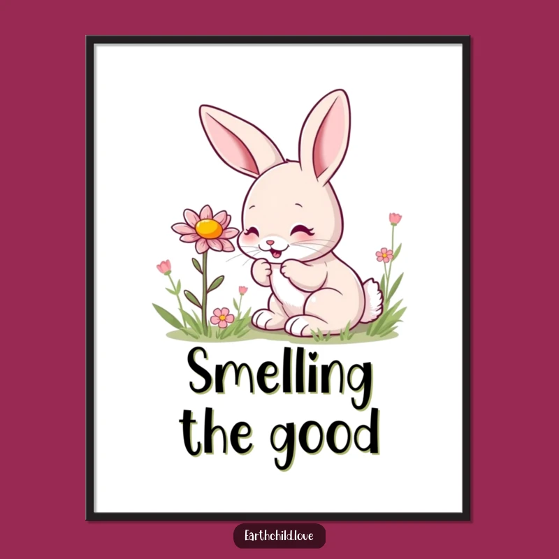 Funny Kawaii Bunny Sniffing Wildflower Poster - Whimsical Spring Wall Art