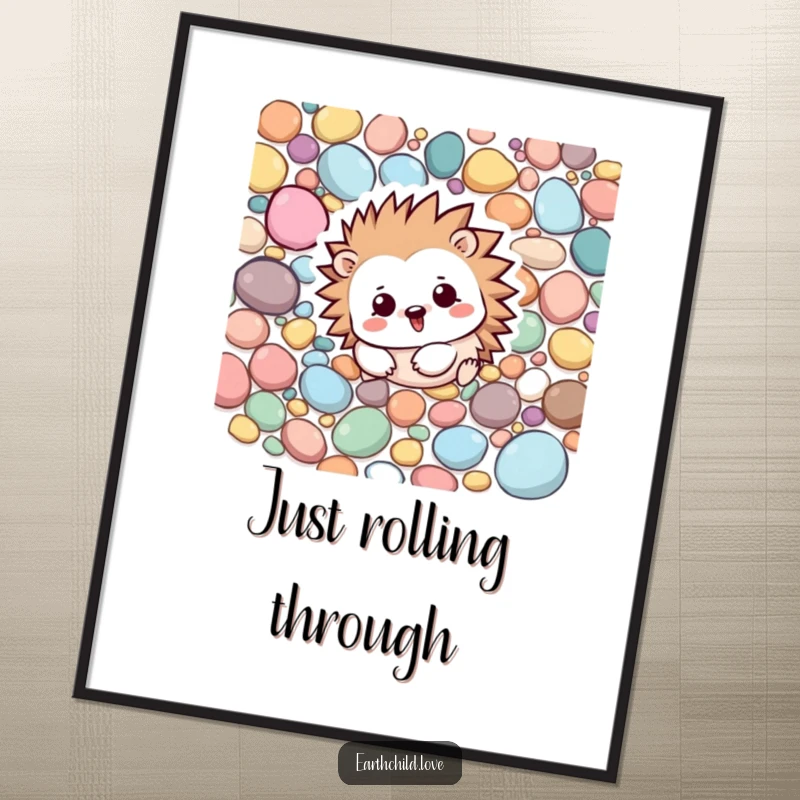 Funny Kawaii hedgehog rolling joyfully amongst colorful pebbles, a vibrant poster to liven up any room.