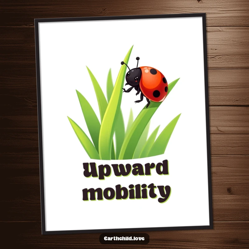 Funny Kawaii Ladybug Poster showcasing a vibrant illustration of a cute ladybug scaling a blade of grass, a cheerful piece of funny art.