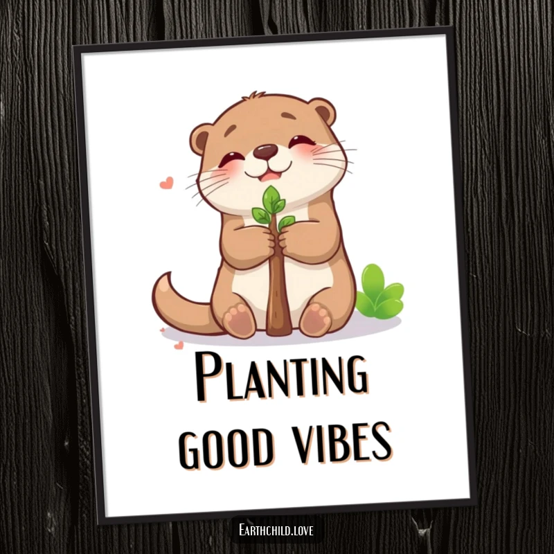Funny kawaii otter poster, a delightful scene of a cute otter hugging a sapling with pure joy.