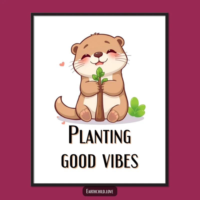 Funny Kawaii Otter Hugging Sapling Poster - Whimsical Woodland Wall Art