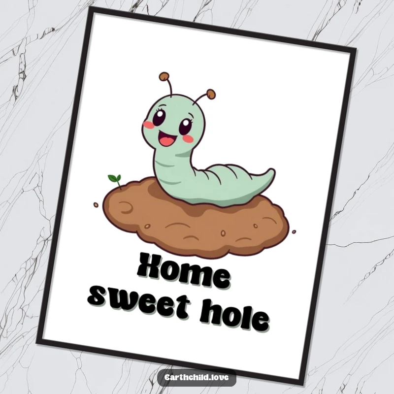 Funny Kawaii Earthworm Poster featuring a cute earthworm happily burrowing underground, a whimsical and funny piece of art.