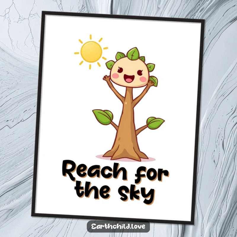 Funny tree sprout poster, kawaii character reaching enthusiastically towards the sun, creating a positive and uplifting wall display.