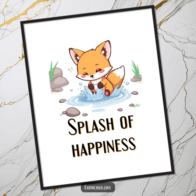 Funny kawaii fox poster, a delightful scene of a cute fox playfully splashing in a stream.