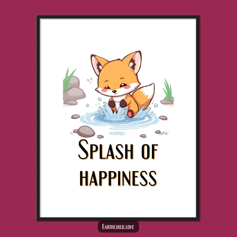 Funny Kawaii Fox Splashing Stream Poster - Whimsical Water Fun Wall Art