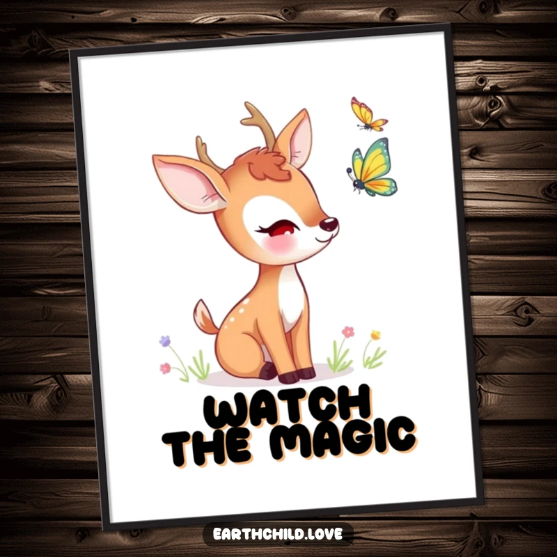 Funny kawaii deer poster, a delightful scene of a cute deer curiously observing a butterfly.