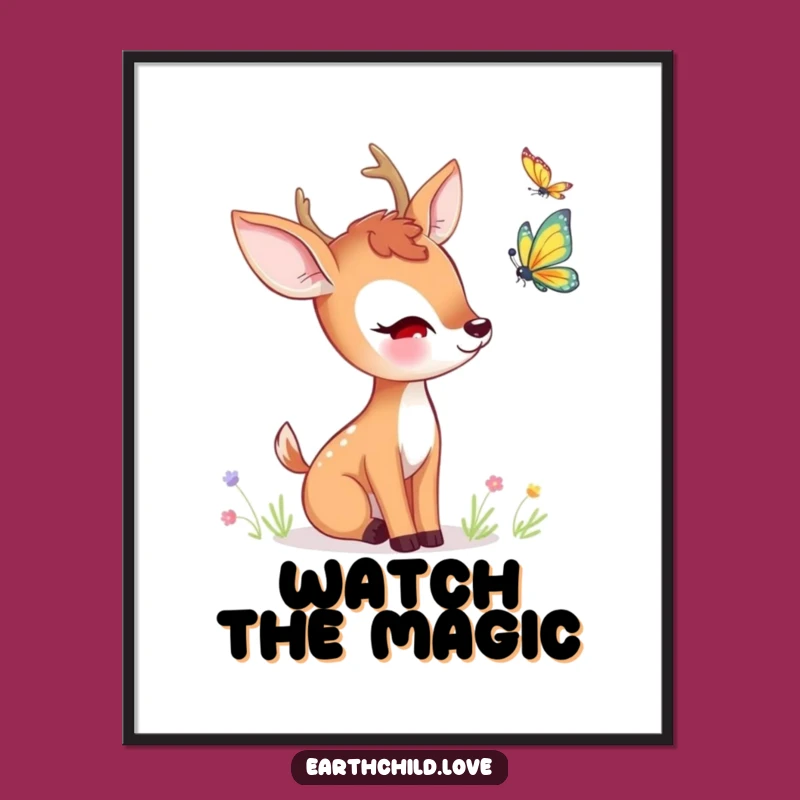 Funny Kawaii Deer Butterfly Poster - Whimsical Woodland Wall Art
