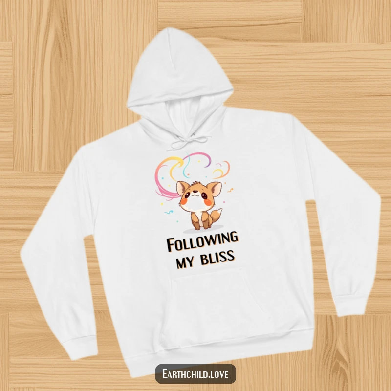 Funny curious animal character looking up at colorful, swirling winds, featured on a cozy hoodie.
