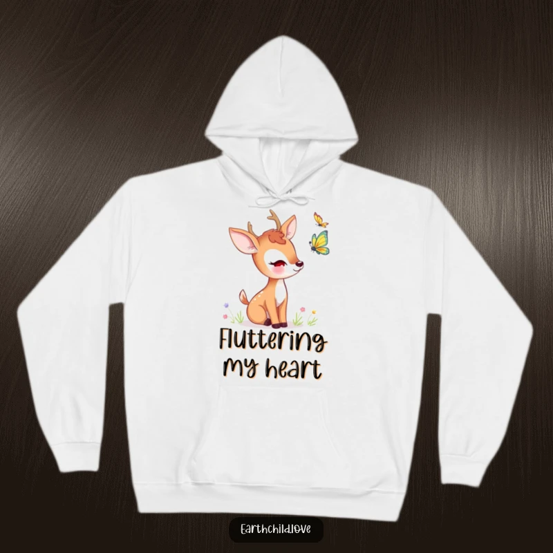 Funny kawaii deer hoodie, depicting a cute deer curiously observing a colorful butterfly.