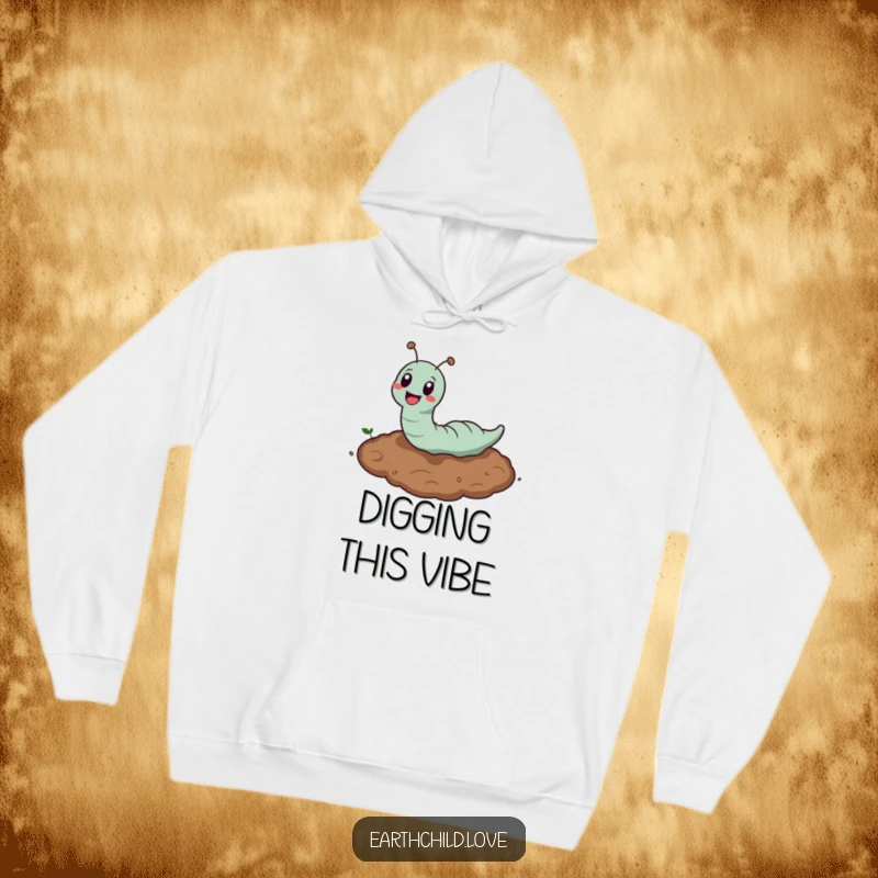 Funny Kawaii Earthworm Hoodie featuring a cute earthworm burrowing in soil, a warm and funny gift for garden and nature fans.