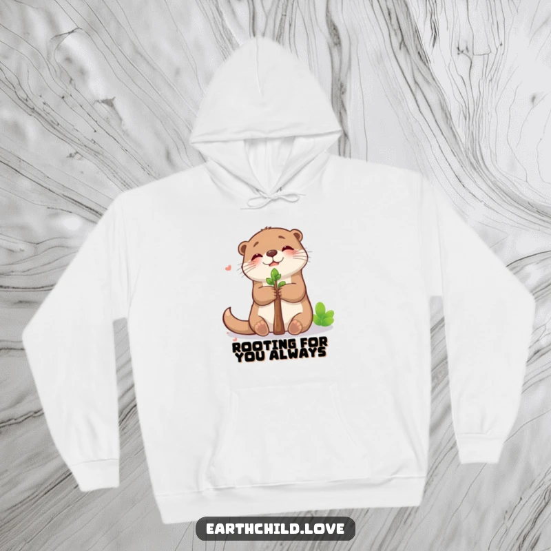 Funny kawaii otter hoodie, showing a cute otter embracing a sapling with pure, heartwarming joy.