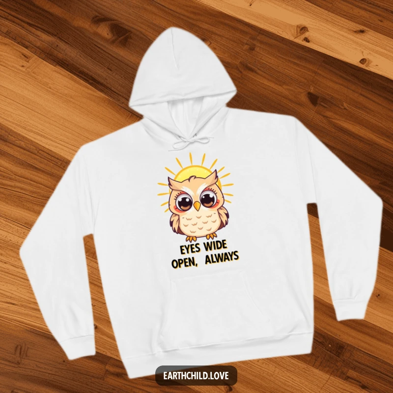 Funny Kawaii owl with large, inquisitive eyes gazing at a bright sun, a warm and cozy hoodie.