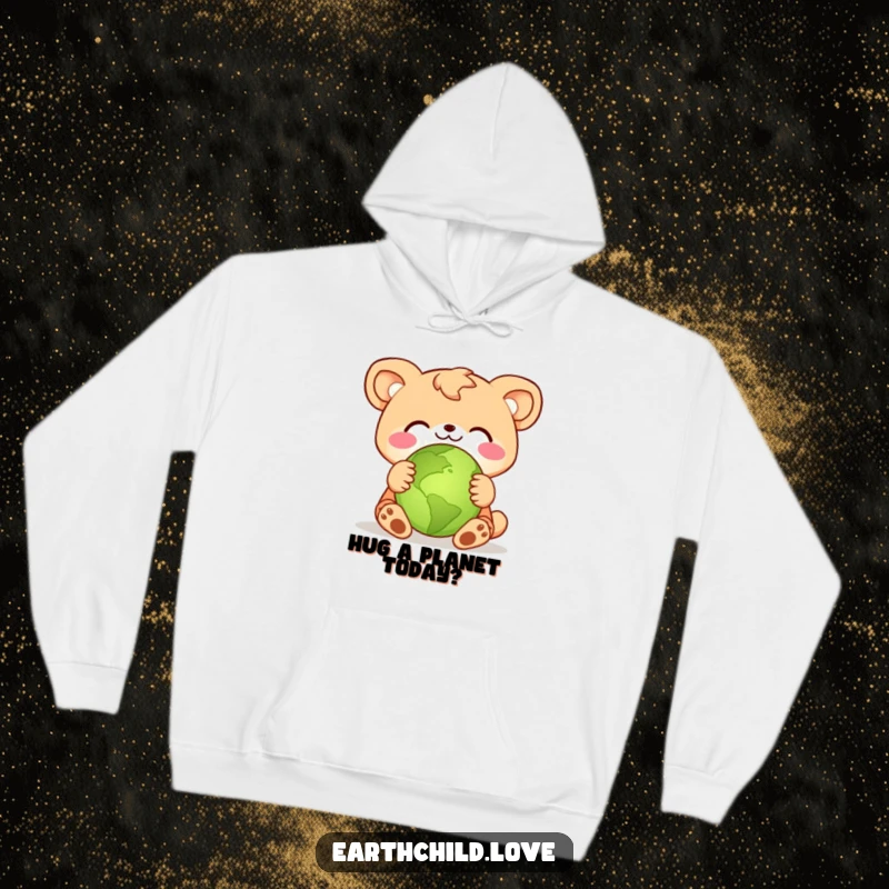 Funny animal character giving a big hug to a small green planet, featured on a soft, warm hoodie.