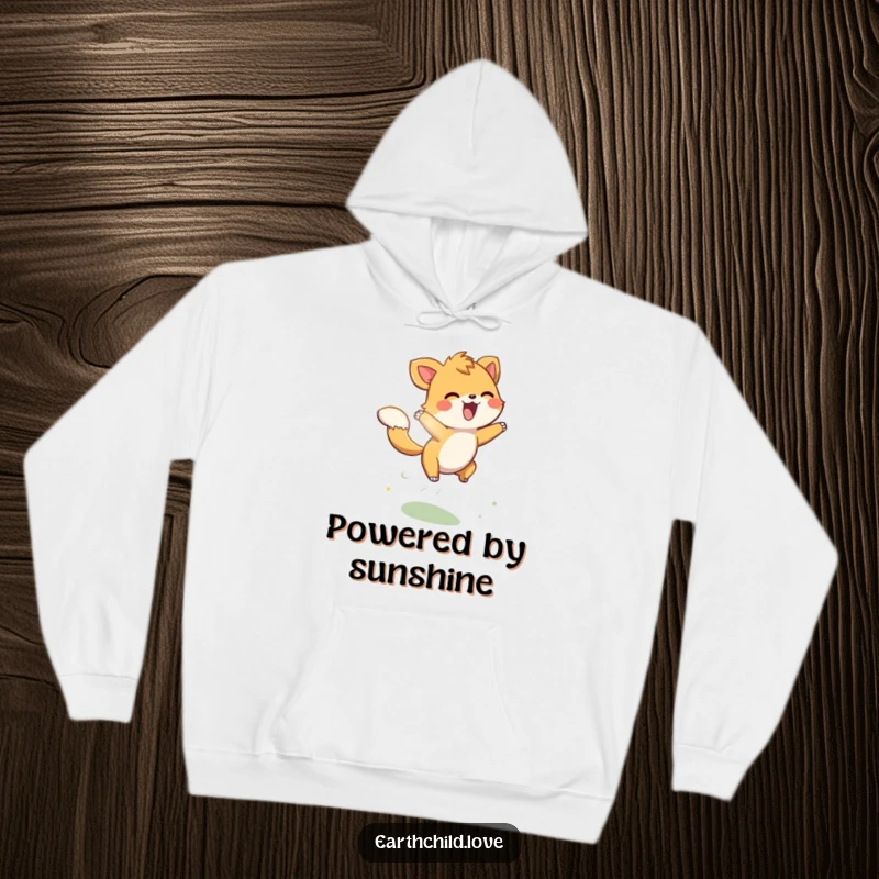 Funny energetic animal character playfully leaping through sunbeams, featured on a cozy hoodie.