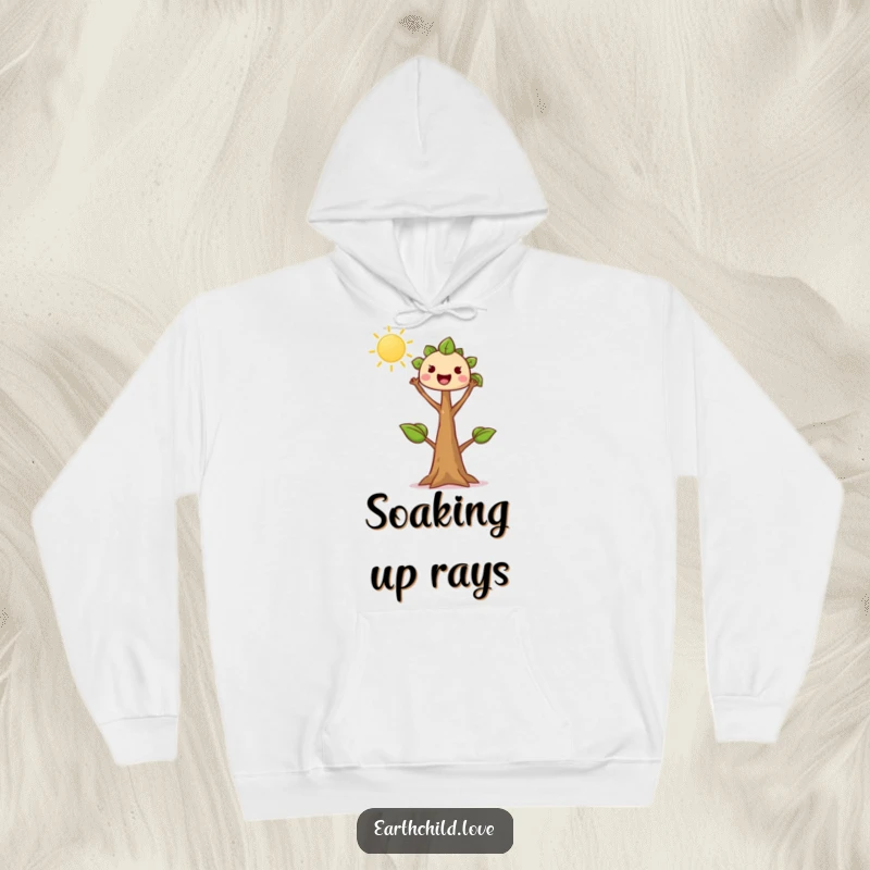 Funny tree sprout hoodie, kawaii character reaching enthusiastically towards the sun, cozy and warm for fans of growth.