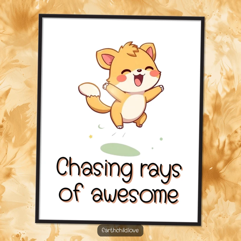 Funny Free Printable Wall Art: An energetic animal character in mid-leap, playfully jumping through shafts of golden sunbeams.