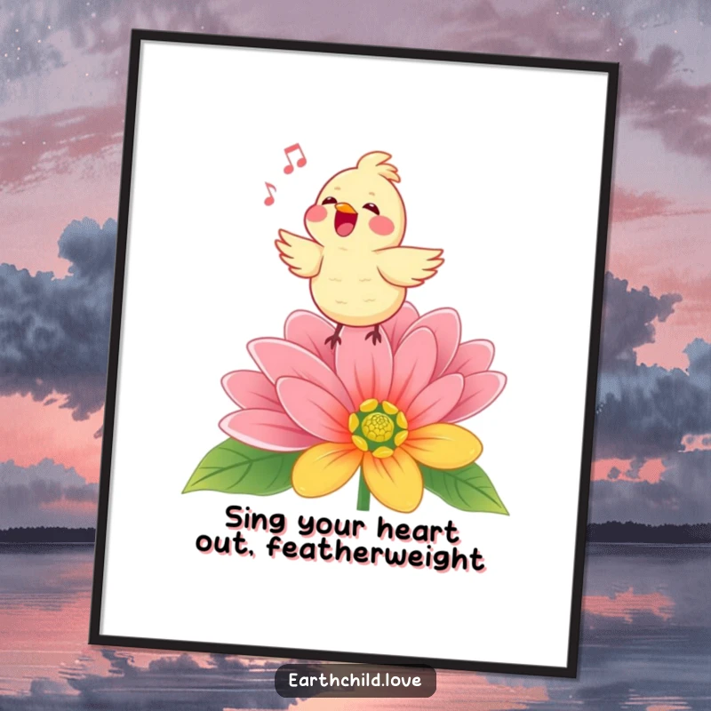 Funny Free Printable Wall Art: A Kawaii bird joyfully singing its heart out atop a vibrant flower.