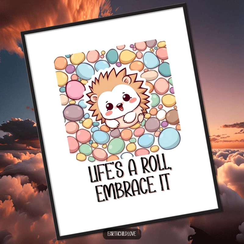 Funny Free Printable Wall Art: A Kawaii hedgehog character rolling playfully amongst a scatter of colorful pebbles.